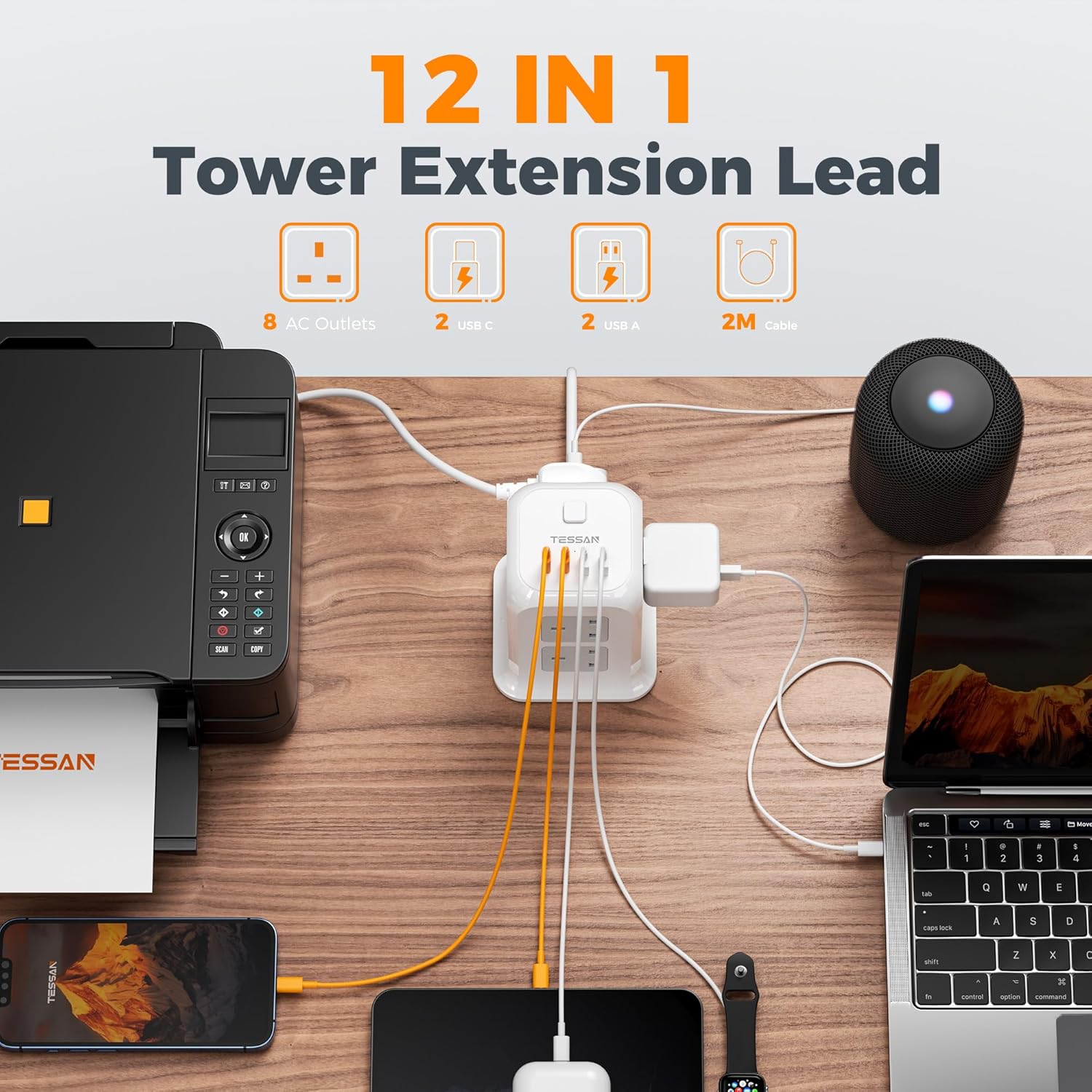 High-Quality TESSAN Tower Extension Lead, Powerful Extension Lead with 4 USB Slo...