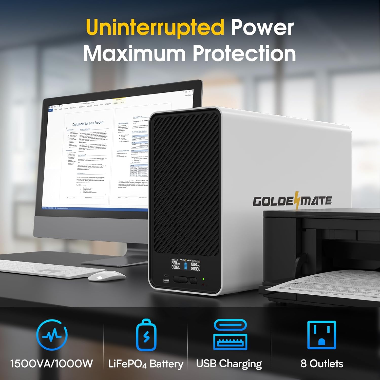 GOLDENMATE 1500VA/1000W Lithium UPS Battery Backup and Surge Protector, Backup B...