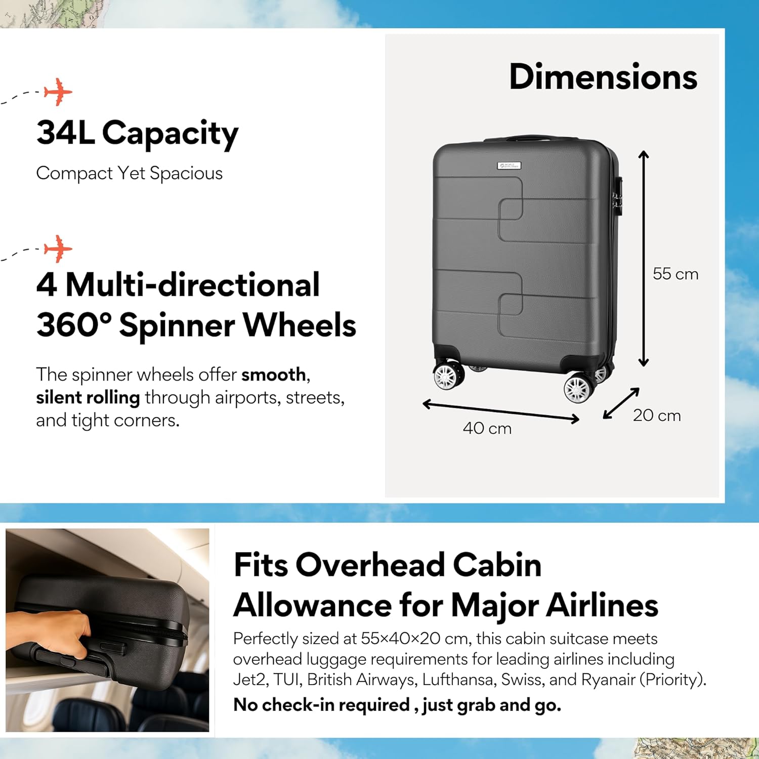 WORLD EXPLORER Cabin Suitcase | ABS Hard Shell with 360° Spinner Wheels & Com-bi...