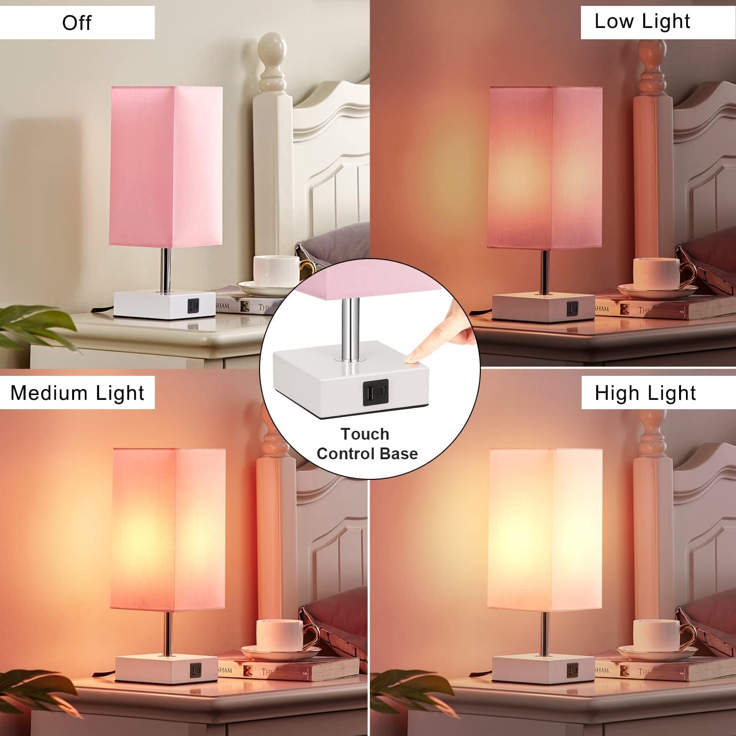 Aooshine Touch Table Lamp, Pink Bedside Lamps with 3 Way Dimmable, Small Bedside...