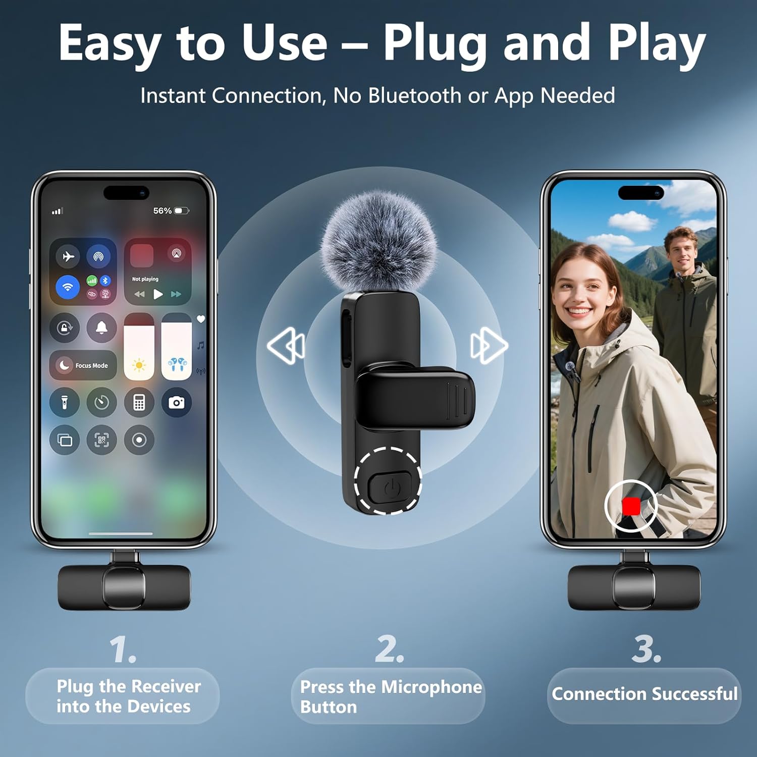 Wireless Lavalier Microphone for iPhone Android，2 Mini Lapel Microphones for Vi...