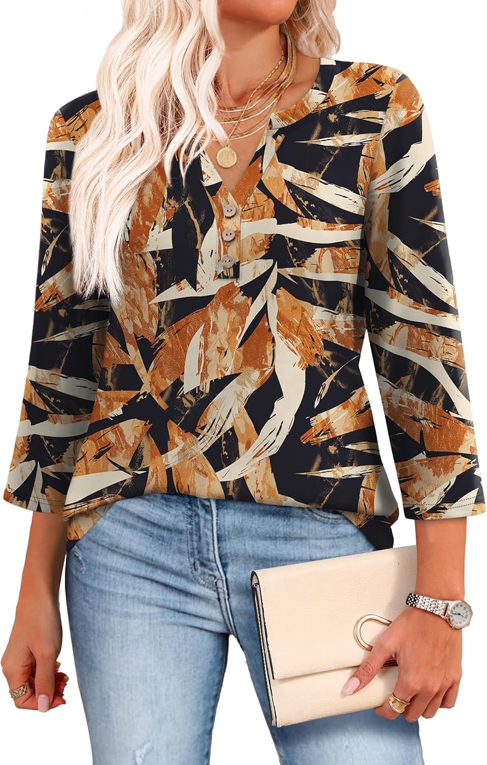 Elegant Aokosor Womens 3/4 Sleeve Tops, Stylish Ladies Blouse V Neck, Unique Tun...