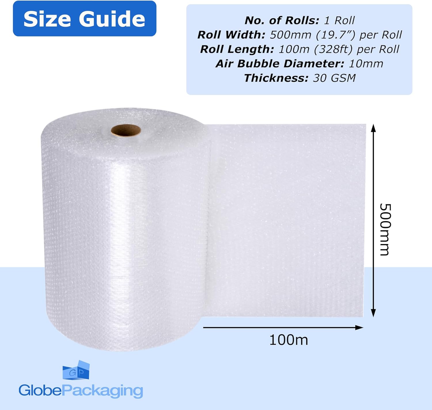 Globe Packaging 500mm x 100m Large Bubble Wrap Roll with Small Air Bubbles - Cus...