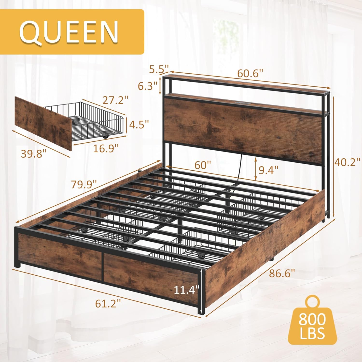 Lifezone Queen Bed Frame with 2-Tier Storage Headboard, Metal Platform Bed Frame...