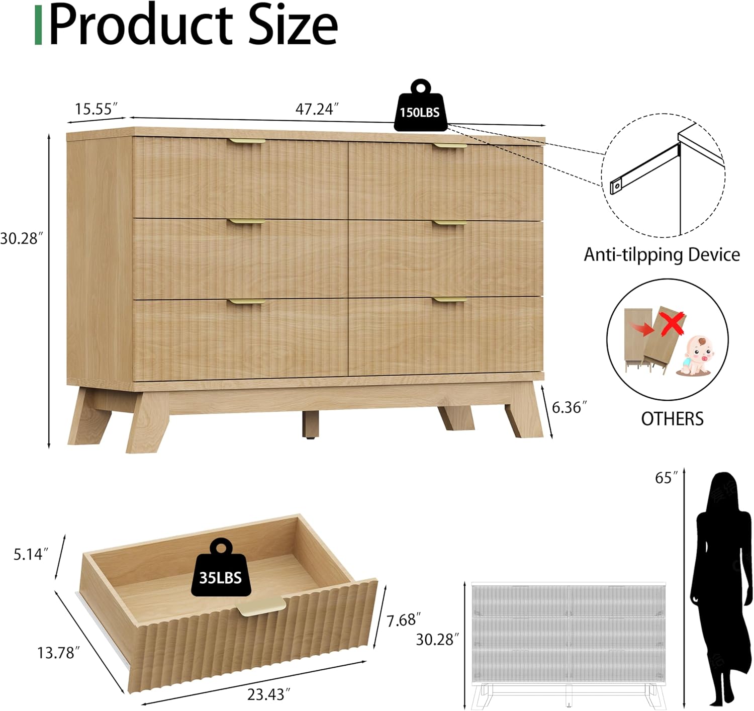 Fluted Dresser for Bedroom with 6 Drawers, 48" Wide Modern Chest of Drawers with...