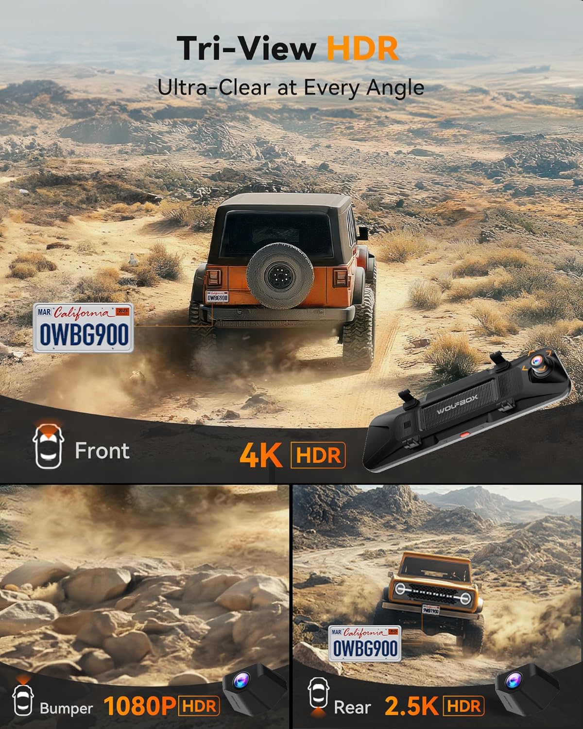 WOLFBOX G900 Tripro Bumper Version 3 Channel 4K Mirror Dash Cam, 8MP STARVIS 2 I...