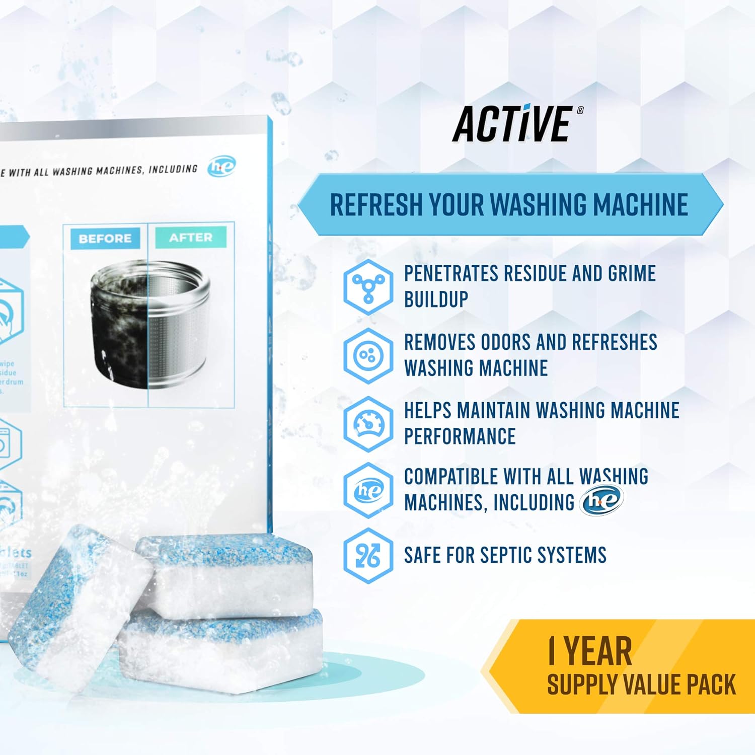 Washing Machine Cleaner Descaler 24 Pack - Deep Cleaning Tablets For HE Front Lo...