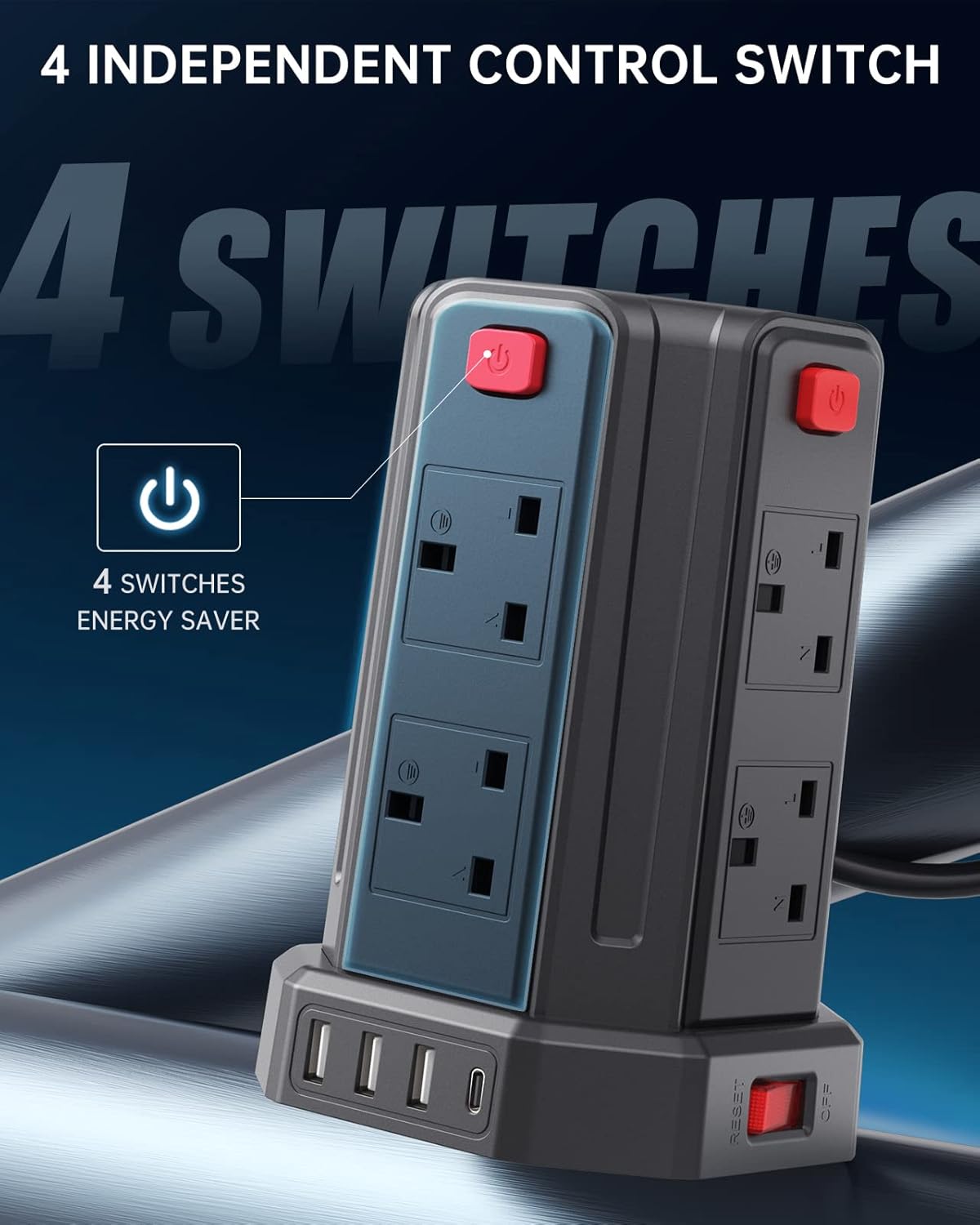 Tower Extension Lead 2M, (13A 3250W) 4 USB Ports and 8 Way Extension Tower, Surg...