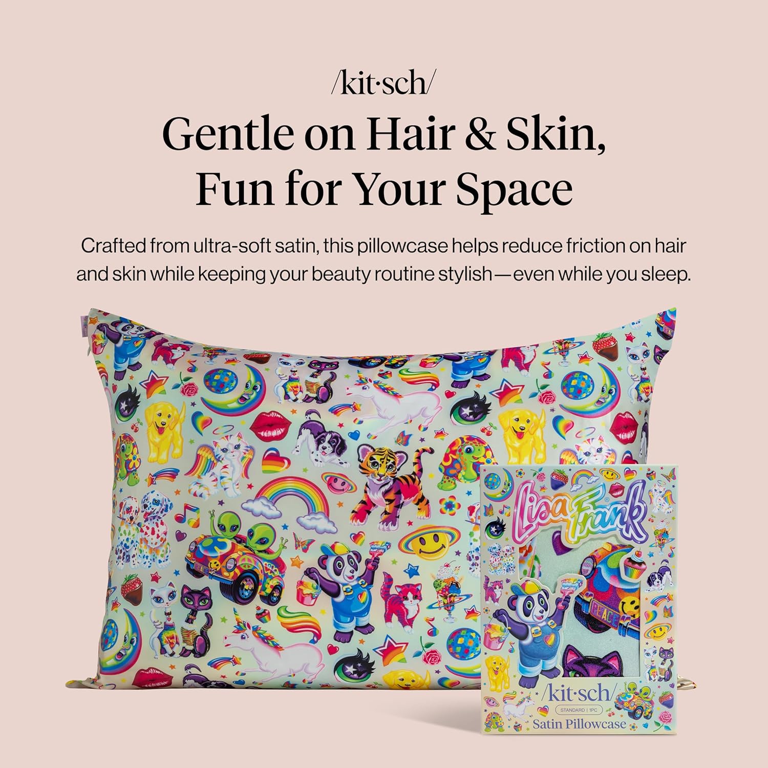 High-Quality Lisa Frank x Kitsch, Special Satin Pillowcase with Zipper for Hair