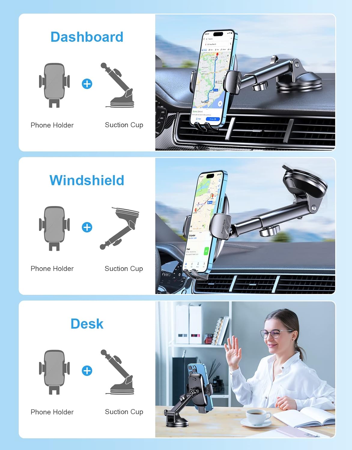 Car Phone Holder, [Ultra Powerful Suction] Universal Dashboard Phone Holder for...