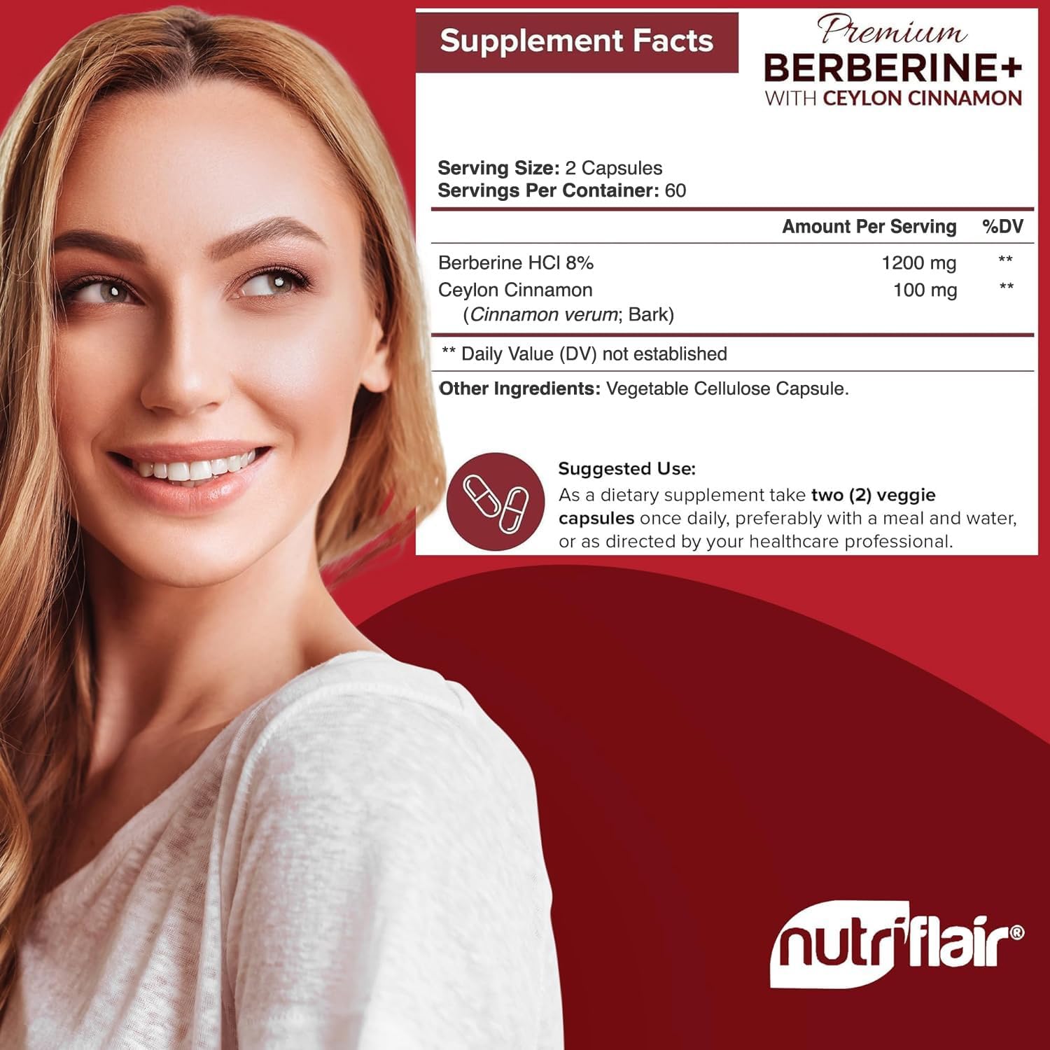 NutriFlair Premium Berberine HCL 1200mg, 120 Capsules - Plus Pure True Ceylon Ci...