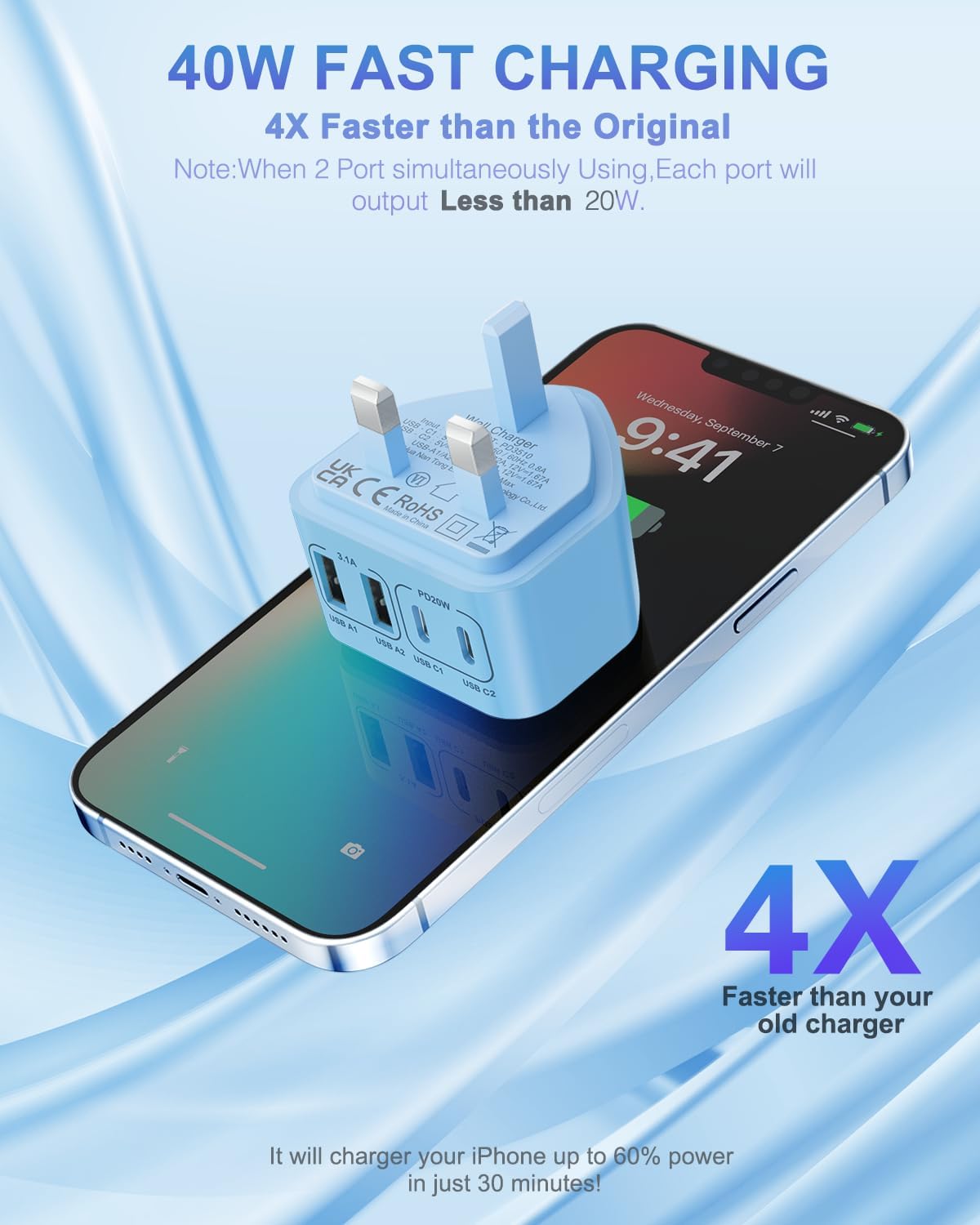 2-Pack USB C Plug, High-Quality Multi USB Plug UK Fast Charger, Innovative 40W 4...