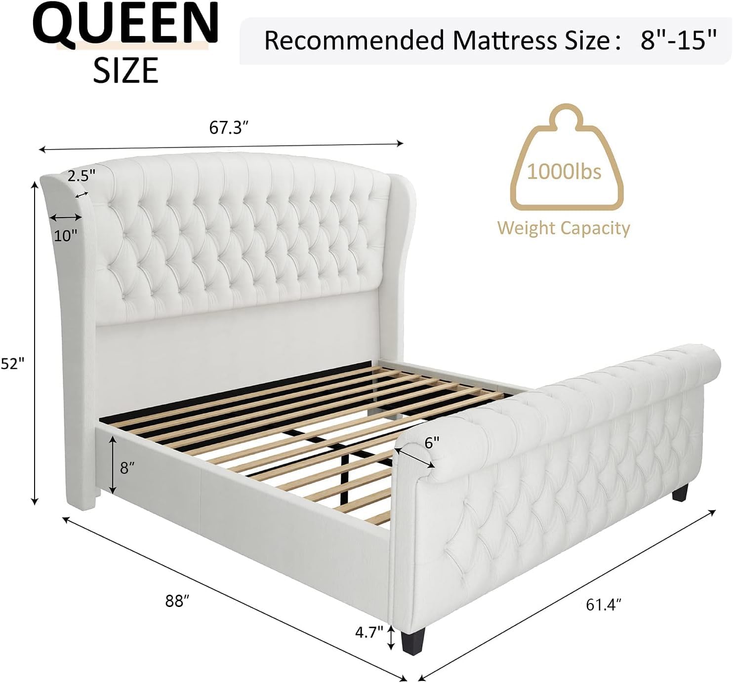 AMERLIFE Queen Size Platform Bed Frame, Chenille Upholstered Sleigh Bed with Scr...