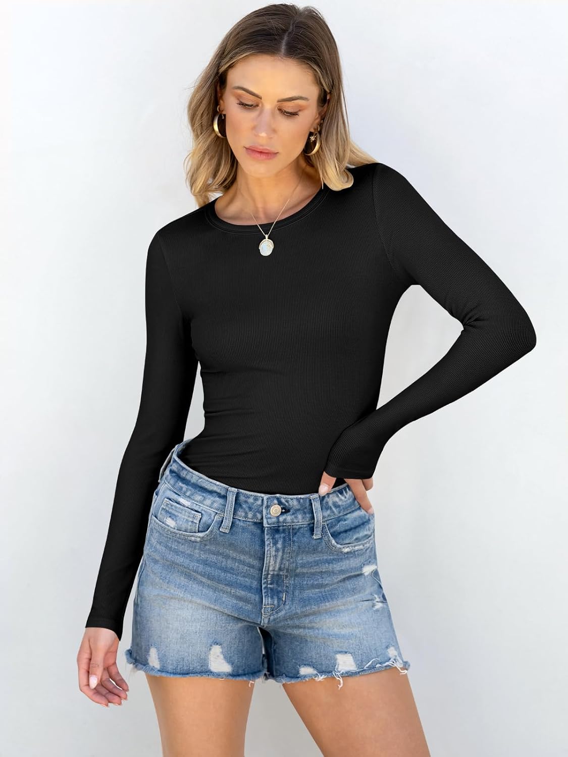 ANRABESS Women Long Sleeve Shirts Rib Knit Slim Fit Tops Basic Tee 2025 Fall Out...