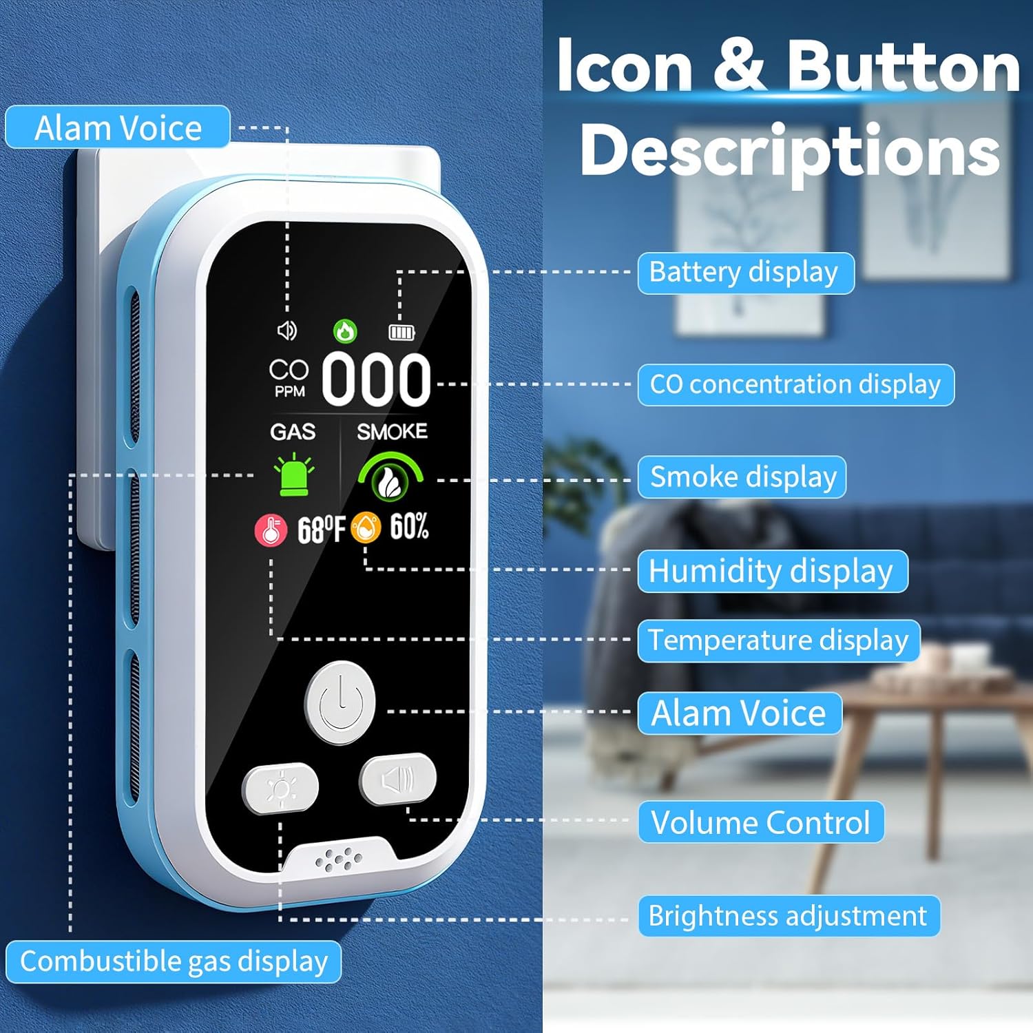 6-in-1 Carbon Monoxide Detector 2 Pack Combo with LCD Display, Detects CO, Natur...