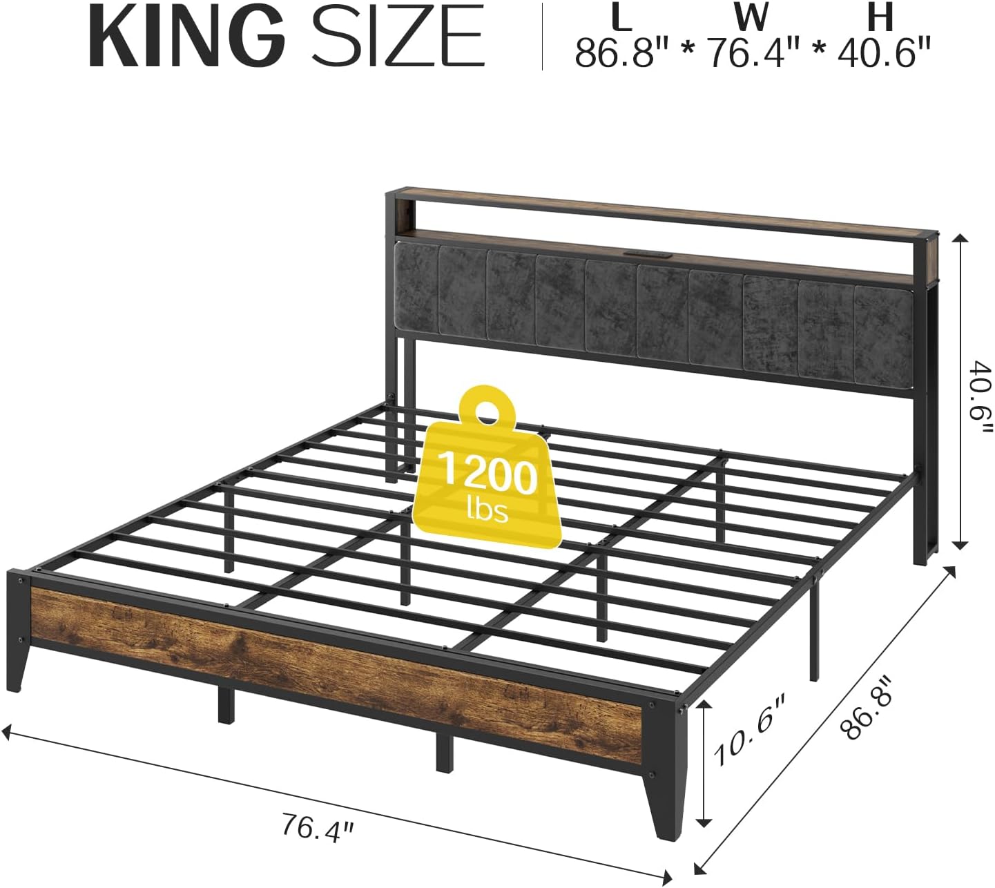 OLEVS King Bed Frame with Headboard, Metal Platform Bed King Size with 2-Tier St...