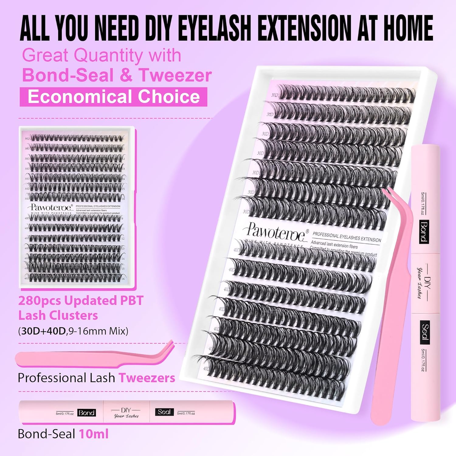 Pawotence Lash Extension Kit DIY 280pcs Lash Clusters Eyelash Extension Kit, 9-1...