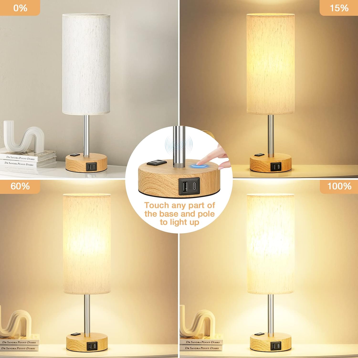 Fenmzee Bedside Table Lamp for Bedroom - 3 Way Dimmable Touch Lamp USB C Chargin...