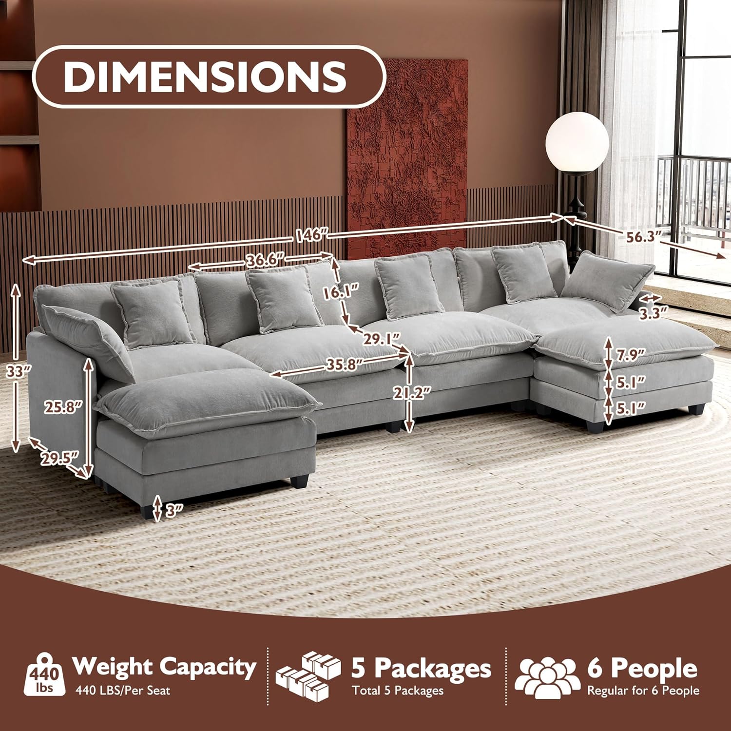 Ihanherry 146" U-Shaped Modern Sofa Modular Sectional Cloud Couch with 2 Ottoman...