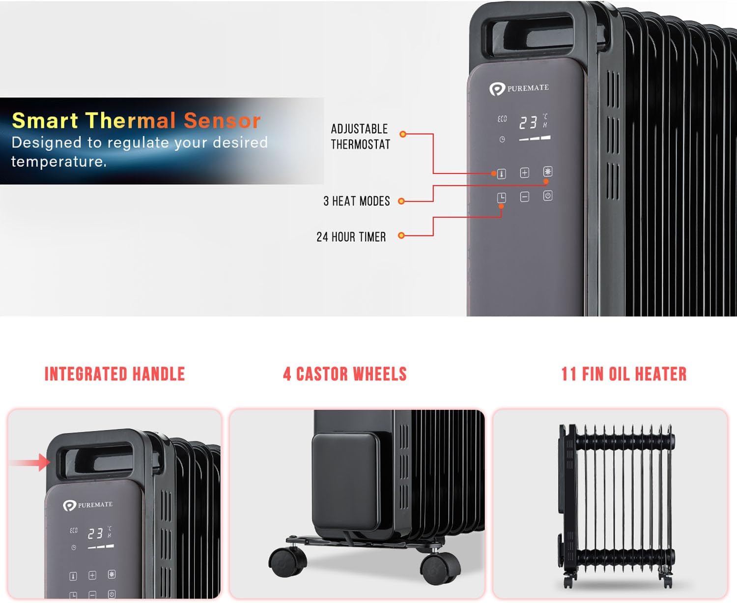 PureMate 2500W 11 Fin Oil Filled Radiator, Special Portable Electric Heater with...