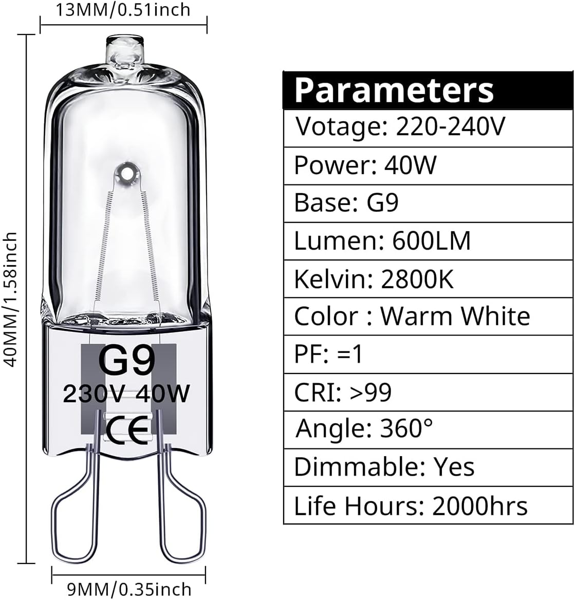 G9 Halogen Light Bulbs 40W, No Flickering, Dimmable, 600lm, 2800K, G9 Capsule Bu...