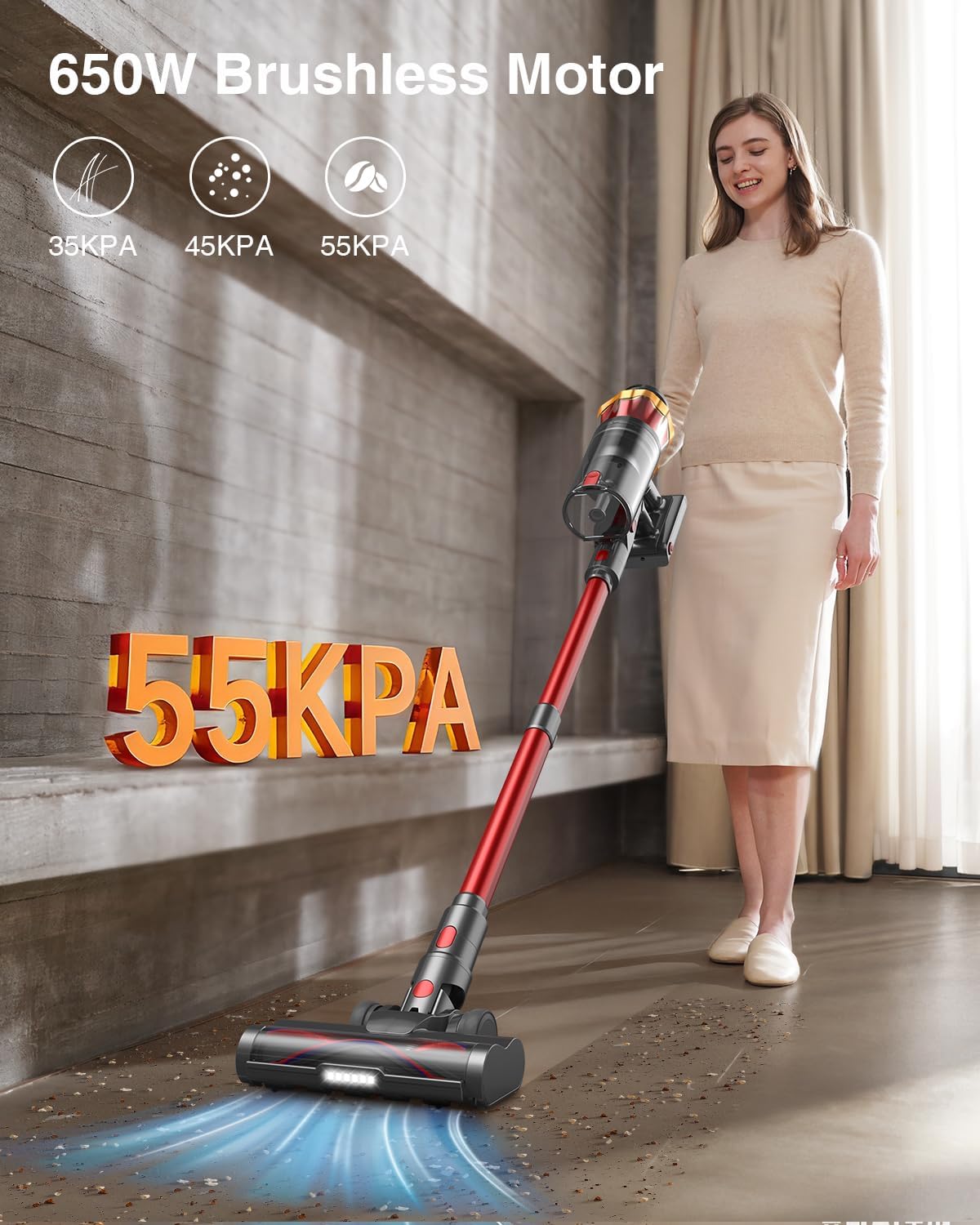 Cordless Vacuum Cleaner, 650W 55KPa 70Mins Vacuum Cleaners for Home, Self-Standi...