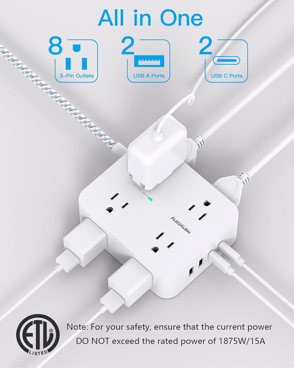 Surge Protector Power Strip - HANYCONY 8 Outlets 4 USB (2 USB C) Charging Ports,...