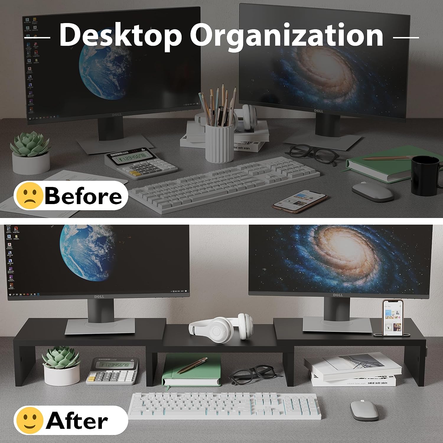 BONTEC Dual Monitor Stand Riser, Adjustable Length & Angle, Ergonomic Desk Organ...