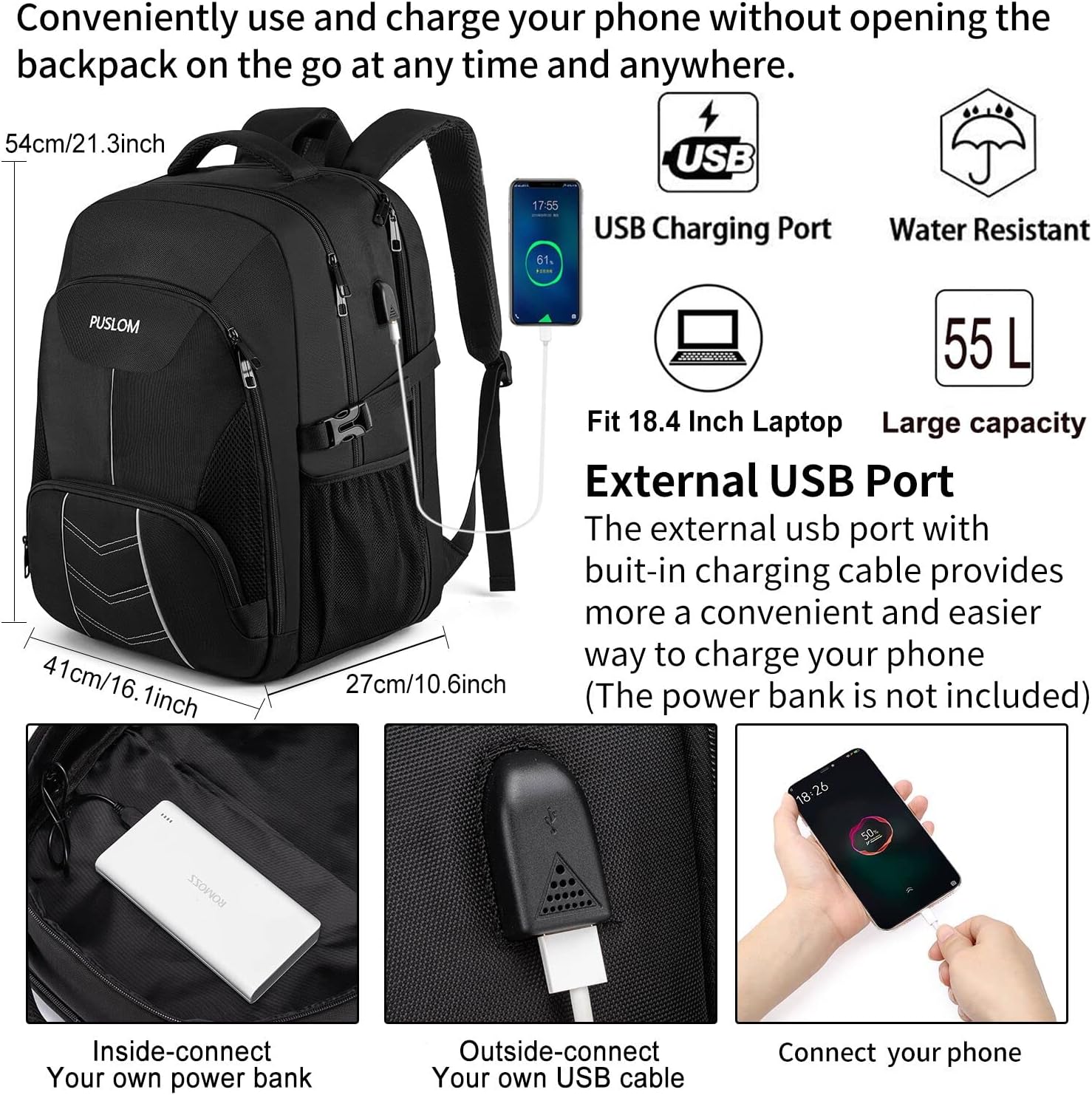 Extra Large Backpack 55L,18.4 Inch Travel Laptop Work Bag with USB Charging Port...