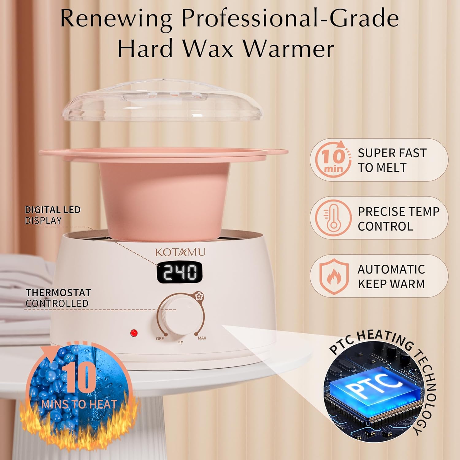 KOTAMU Wax Kit Pink Digital Hair Removal Waxing Kit for Women & Men Hot Wax Warm...