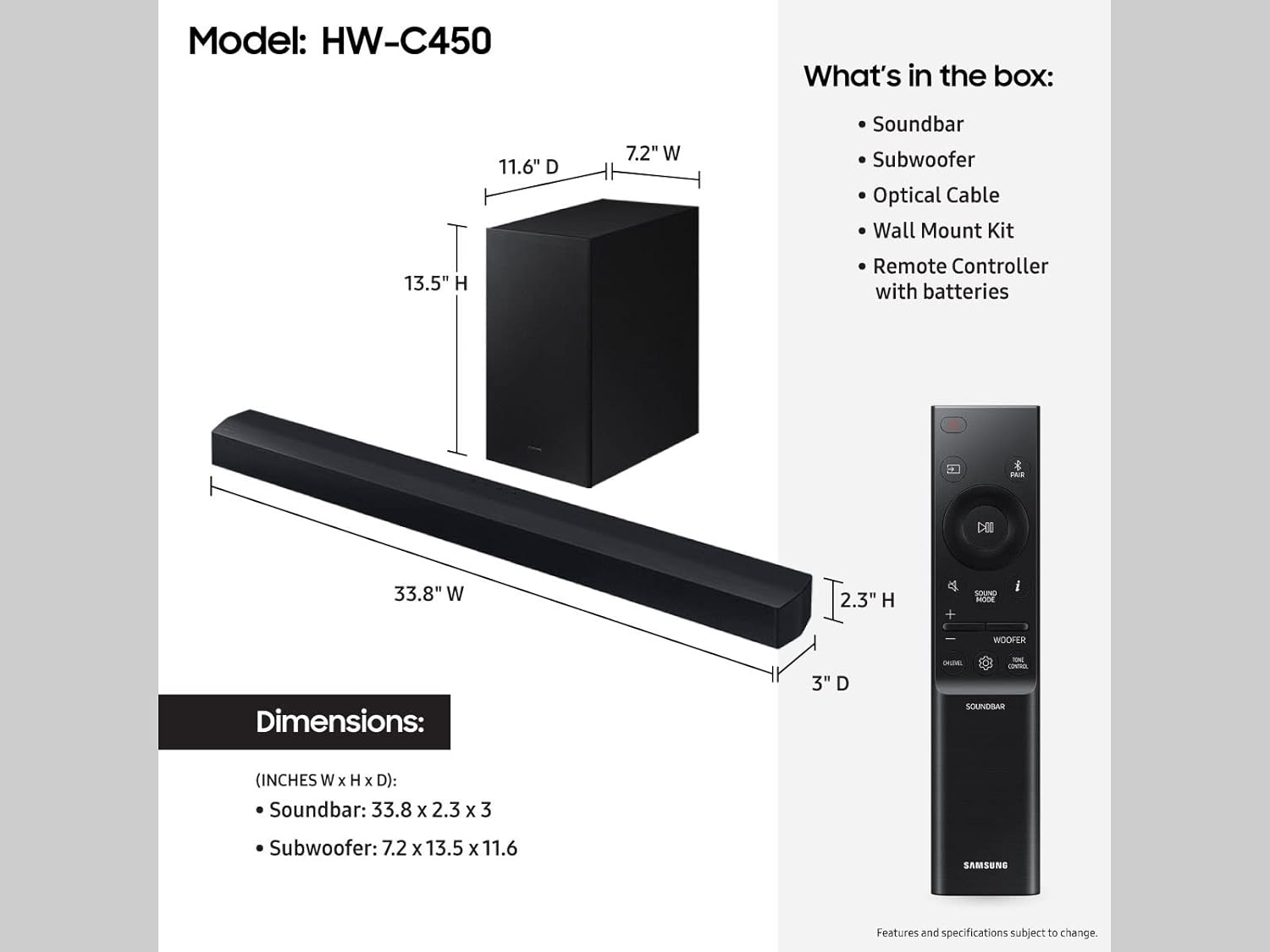 Samsung HW-C450 2.1ch Soundbar w/DTS Virtual X, Subwoofer Included, Bass Boost,...