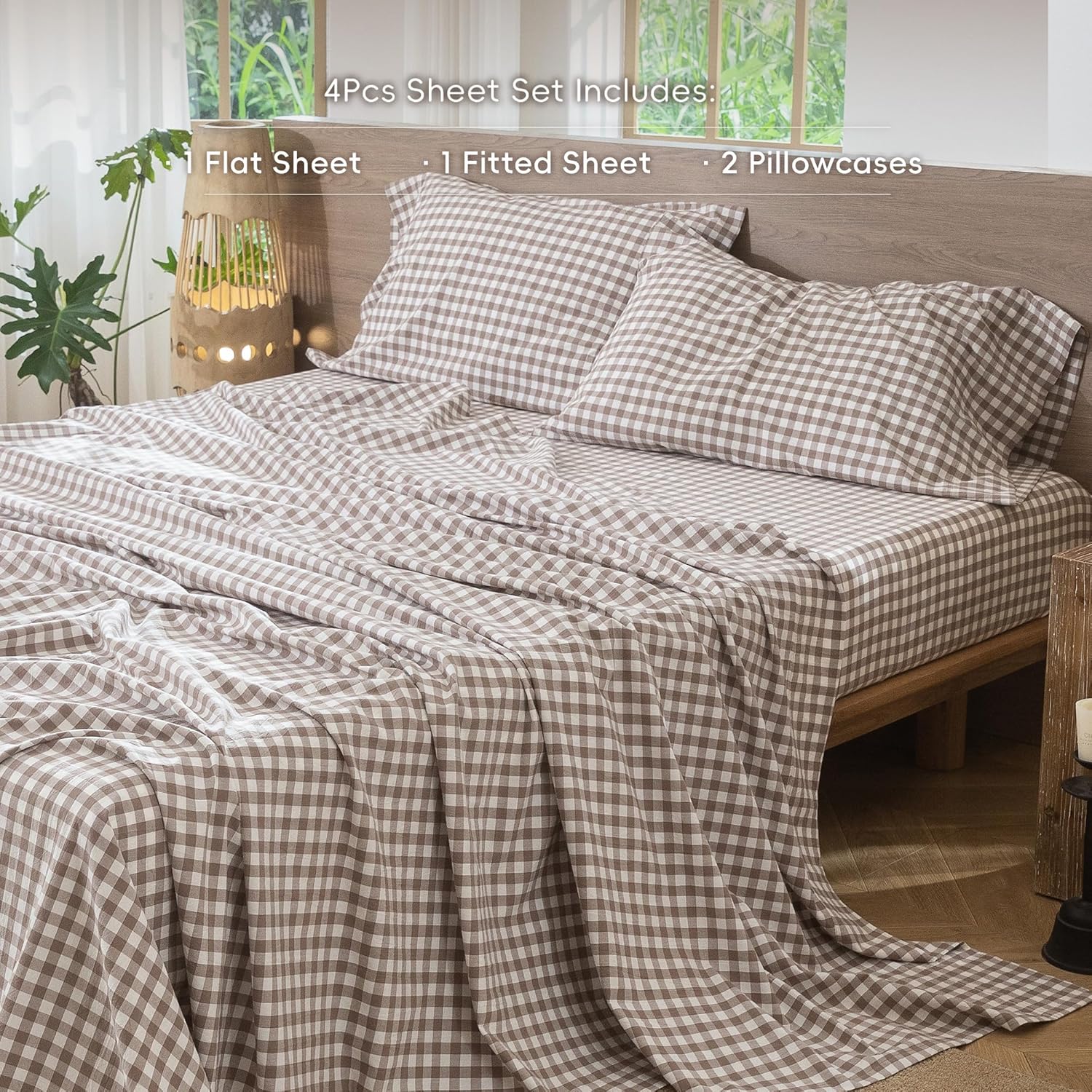 Premium MooMee Gingham Sheet Set, Special 100% Washed Cotton Linen Like Sheets,...