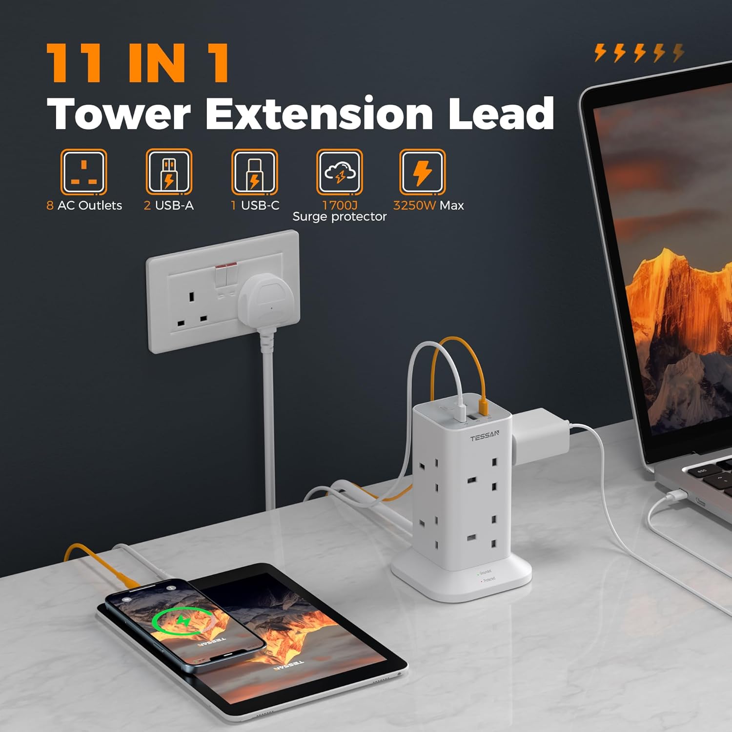 Tower Extension Lead with USB C Slots, TESSAN 8 Way Plug Extension Socket with S...