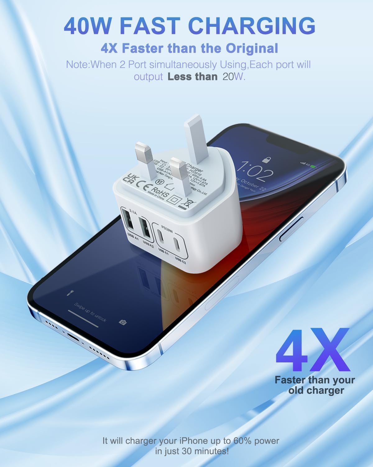 2-Pack 40W USB C Fast Charger, 4-Port Multi Charger UK Charging Plug Dual Type C...