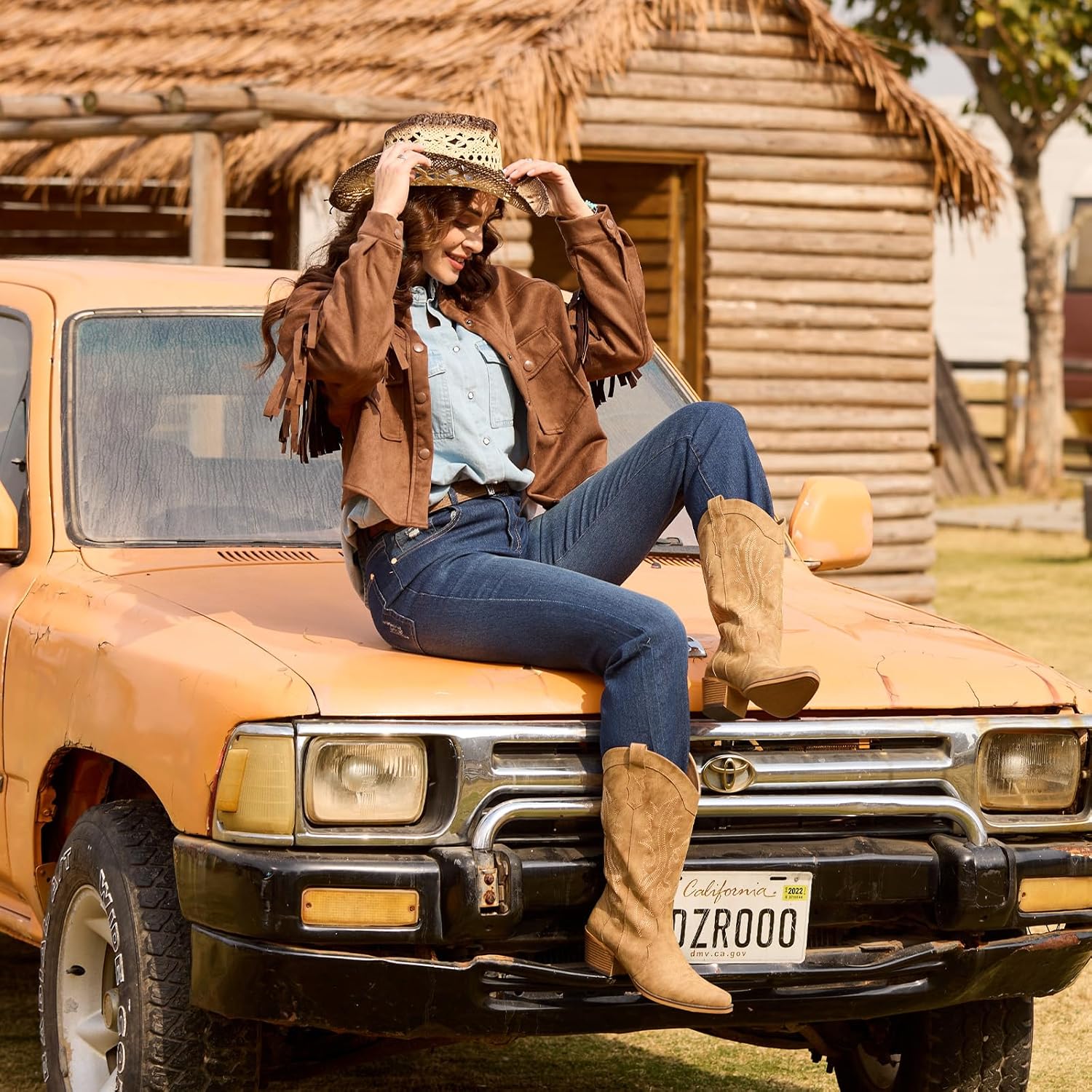 IUV Cowboy Boots For Women Western Cowgirl Boots with Chunky Heel Mid Calf Snip...