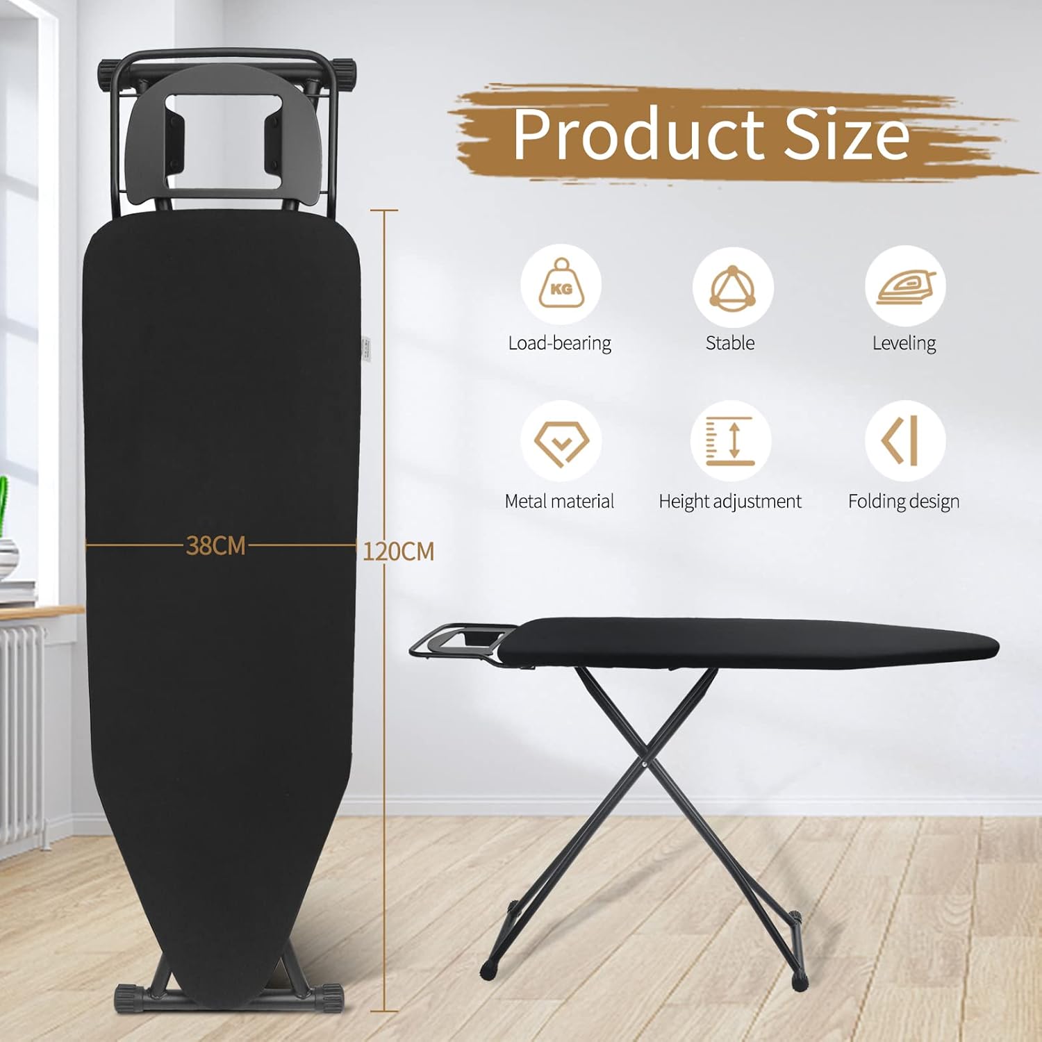Rainberg Folding Ironing Board, 122 x 38cm Ironing Surface, Adjustable Height Up...