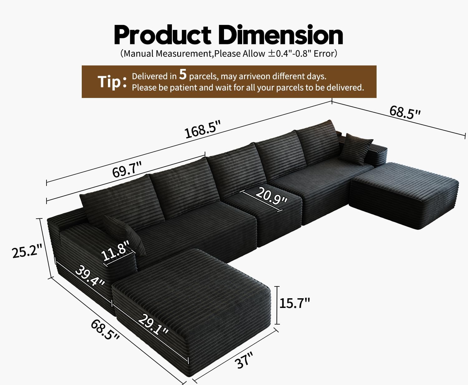 168.5" Modular Sectional Sofa, Oversized U-Shaped Minimalist Couches with 1 Midd...