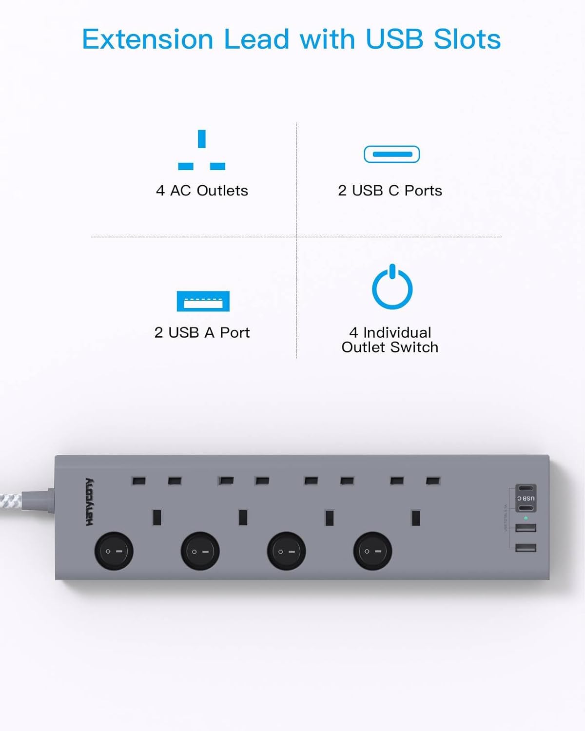 3M Extension Lead, Special HANYCONY 4 Way Extension Socket With 4 USB Slots, Inn...