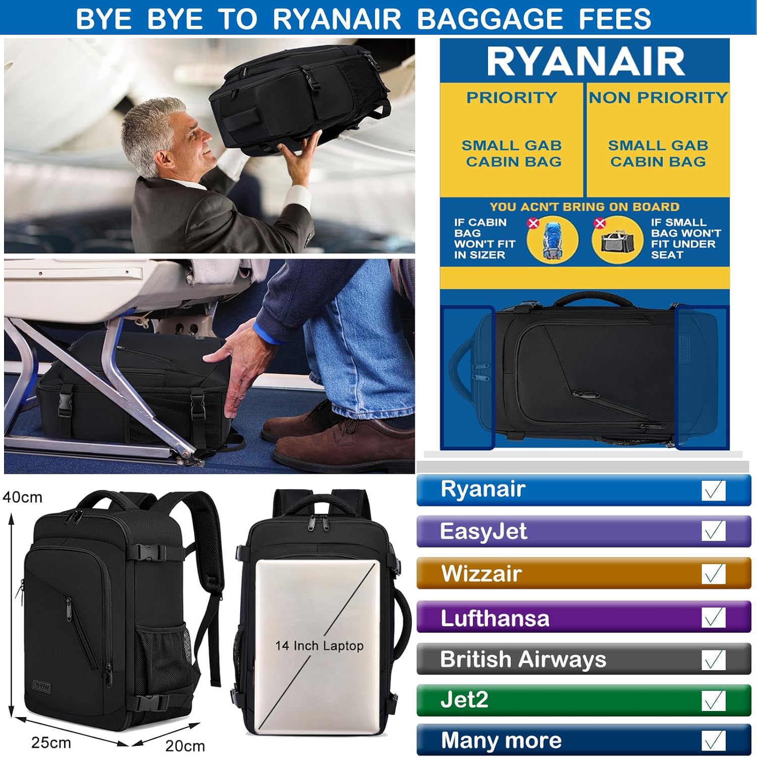 Cabin Bags 40x20x25 for Ryanair Underseat 20L Small Travel Hand Luggage Backpack...