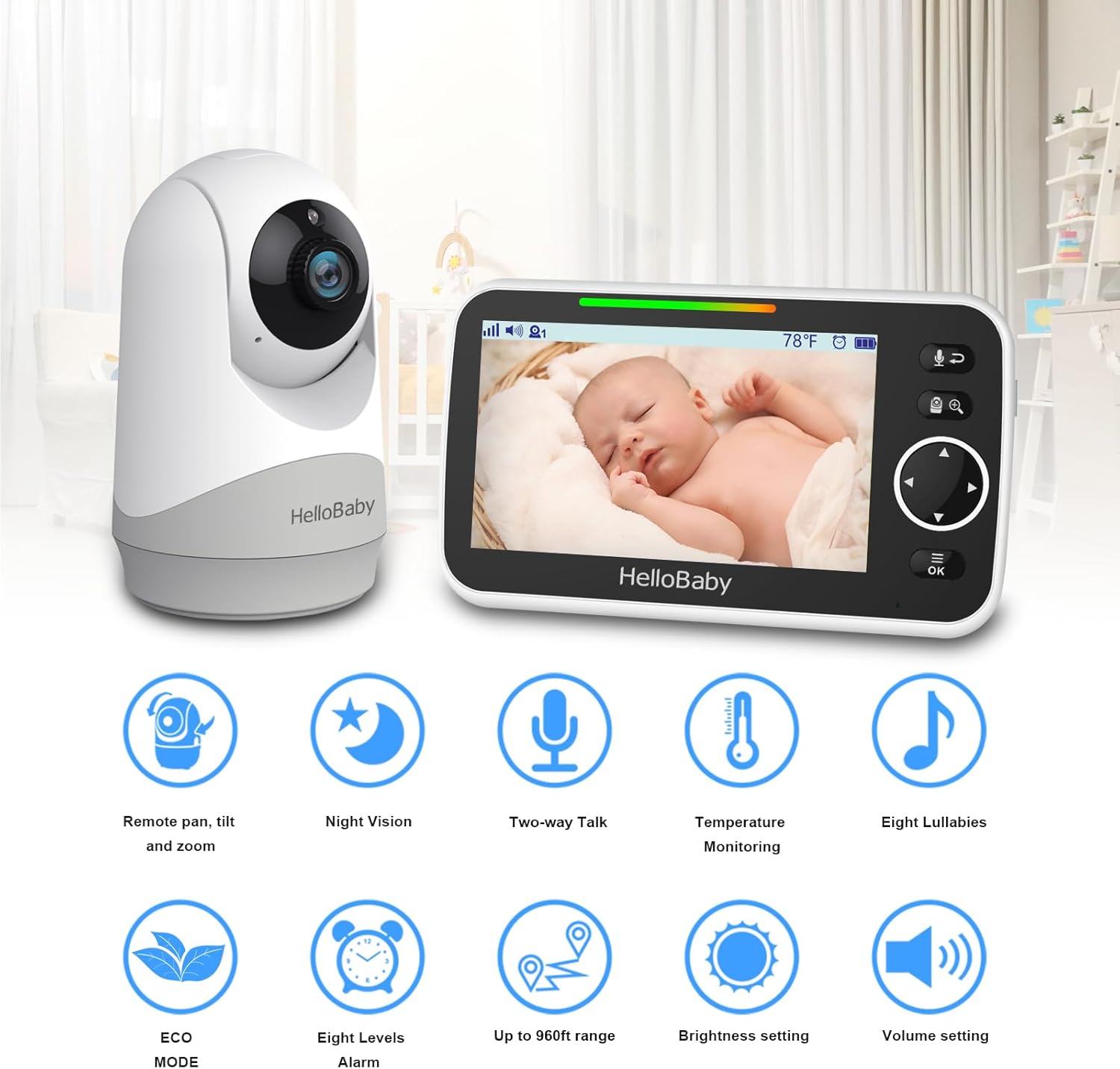 HelloBaby Monitor with Camera and Audio, 5'' Large Screen with 3500mAh Battery,...