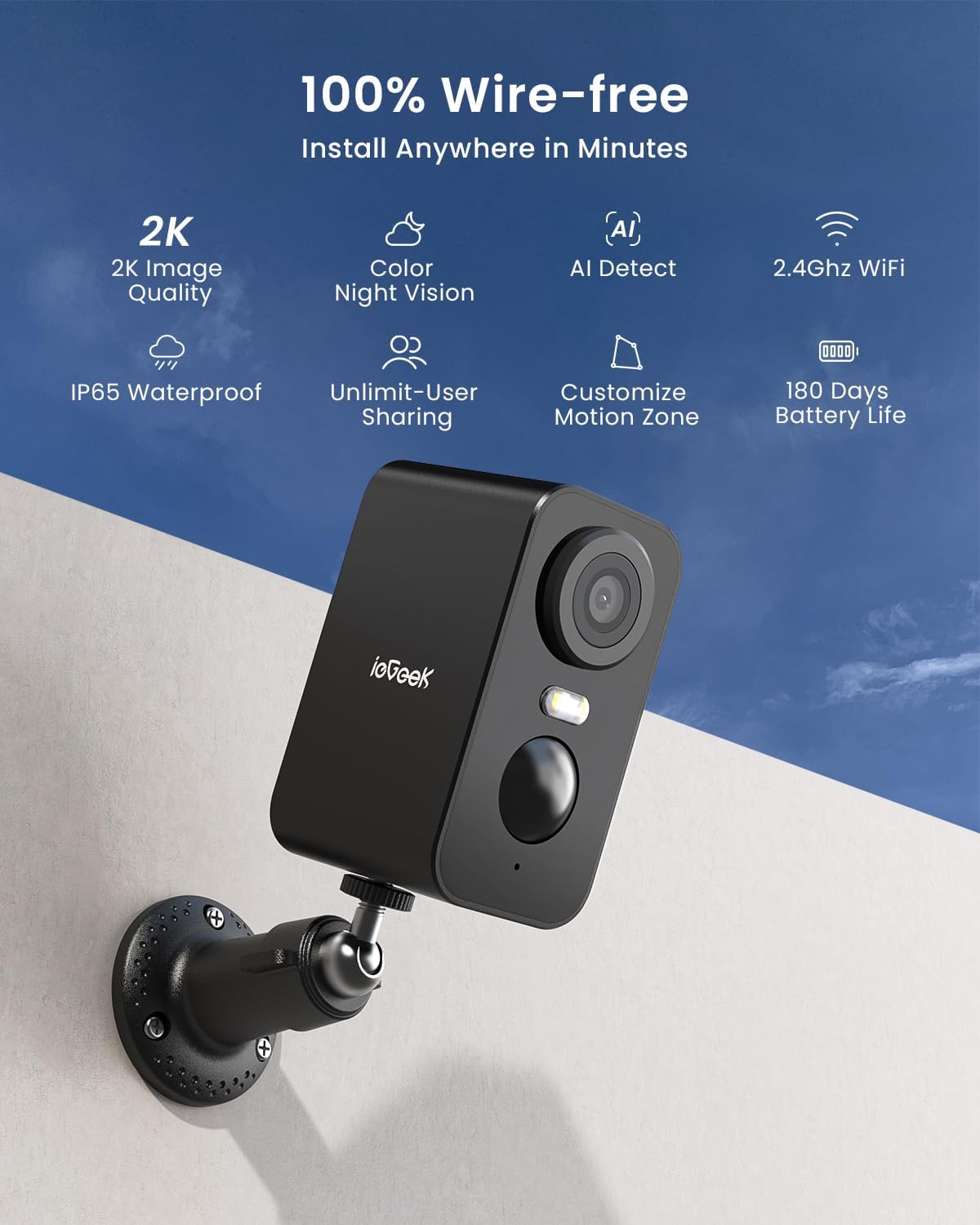 ieGeek 2K Wireless Security Camera Outdoor Colorful Night Vision, Rechargeable B...