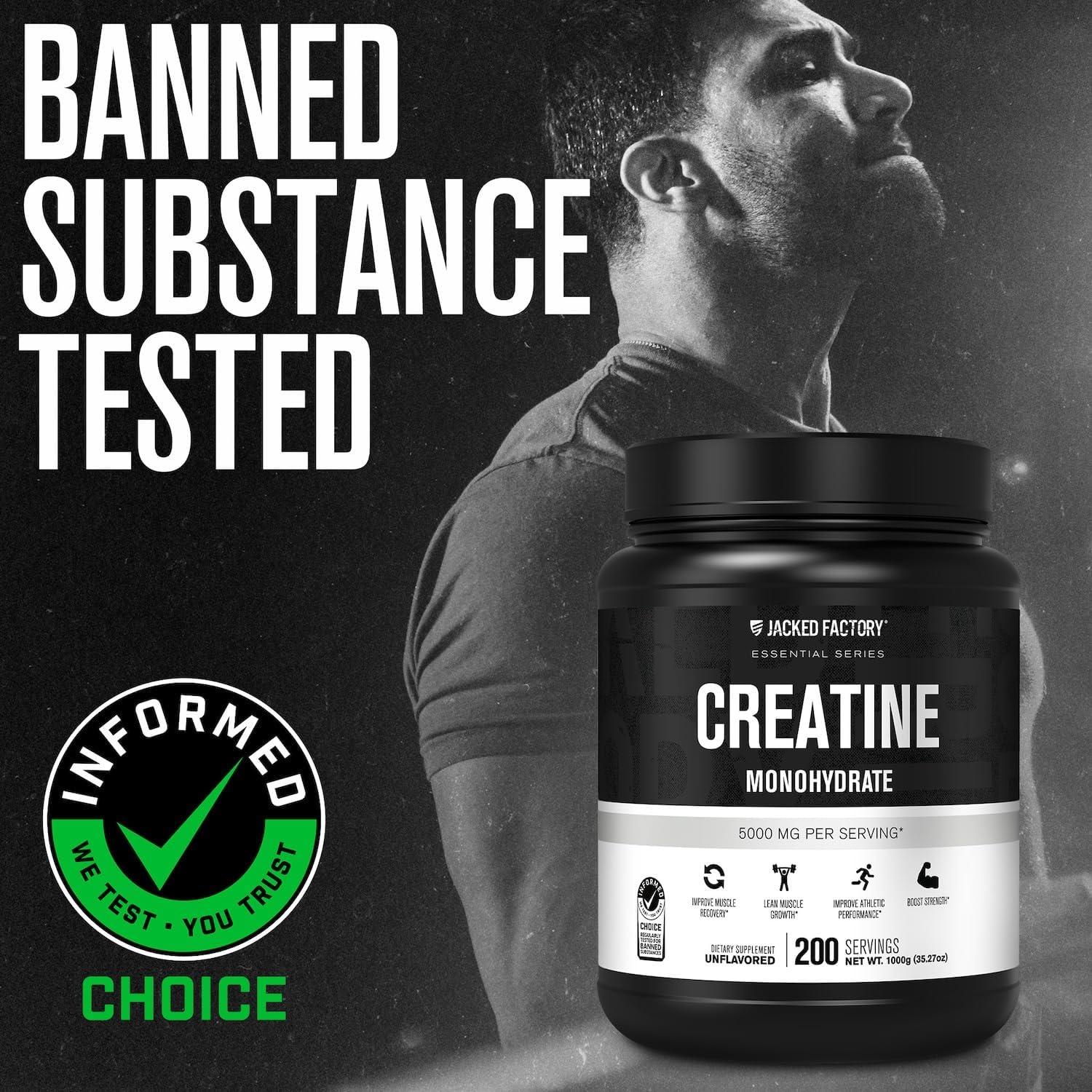 Jacked Factory Creatine Monohydrate Powder 1000g - 5g Daily Creatine Supplement...