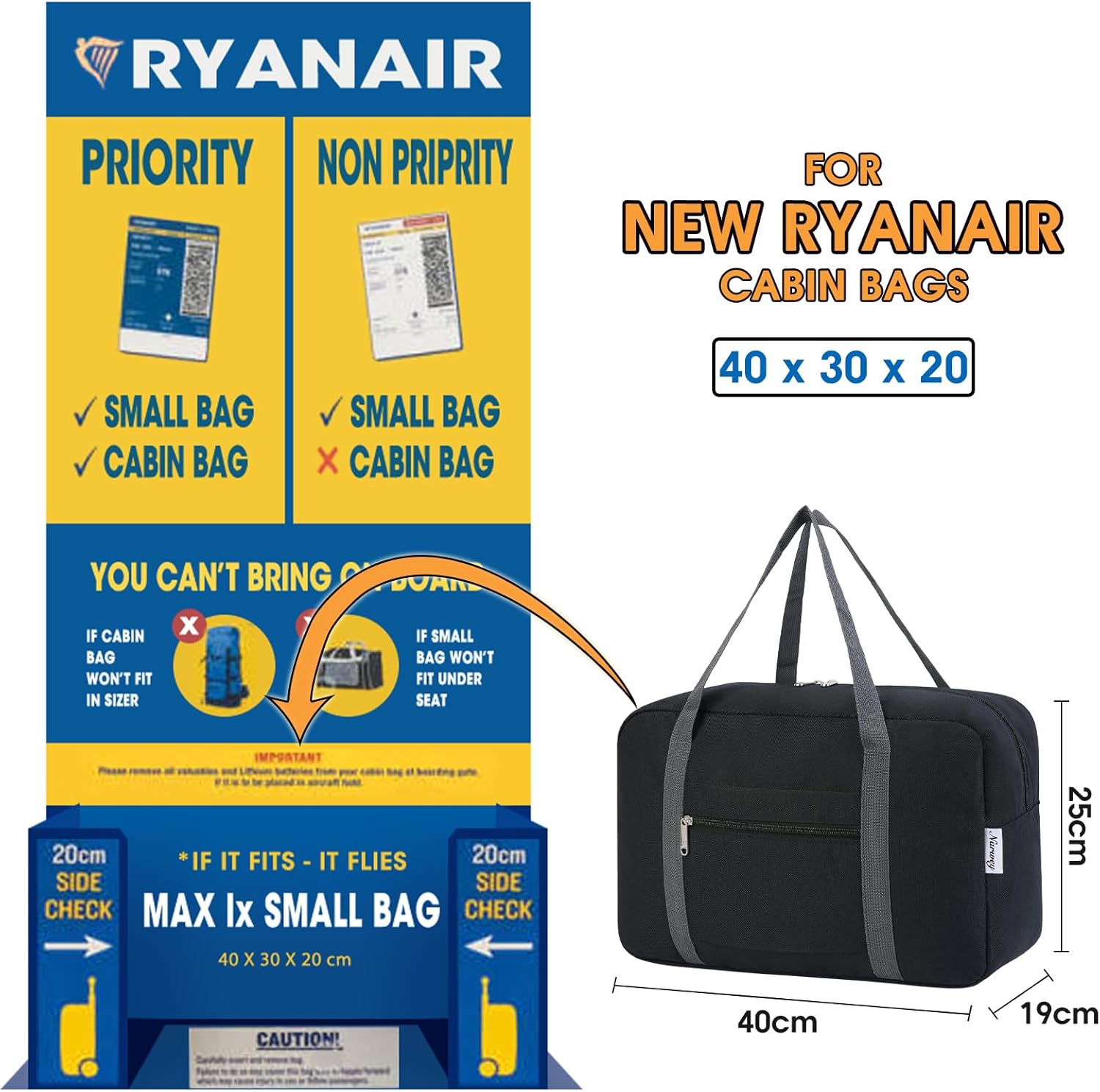 Narwey for Ryanair Cabin Bags 40x30x20 Underseat Foldable Travel Duffel Ryan Air...