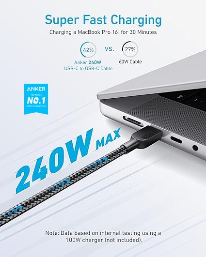 Anker 240W USB-C to USB-C Cable, 10 ft Double Braided Nylon Type C Charging Cabl...