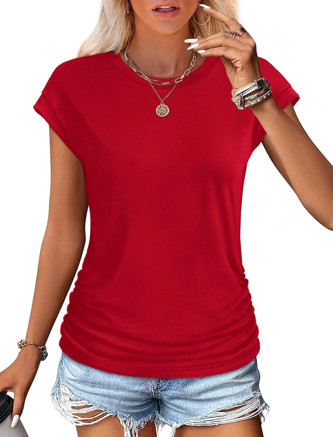 Trendy SAMPEEL Women's Summer Tops, Fashionable Ruched Cap Short Sleeve Shirts,...