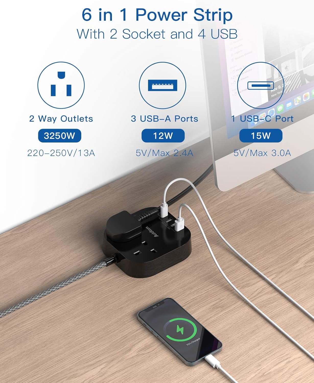 Extension Lead with USB Slots, Power Strips with 2 Way Outlets 4 USB(4.5A, 1 Typ...