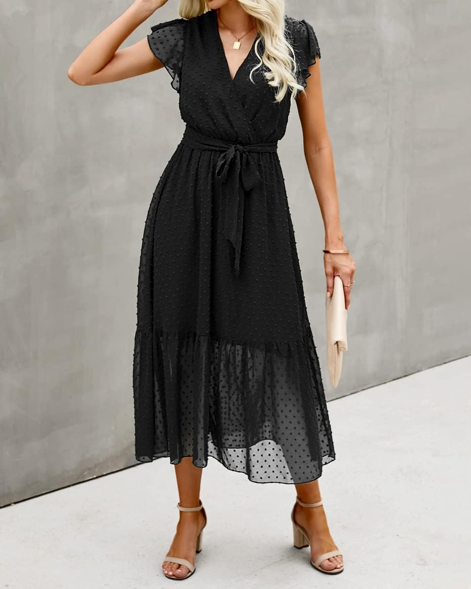 BTFBM Women Summer Bohemian Floral Casual Wrap V Neck Ruffle Cap Sleeveless Belt...