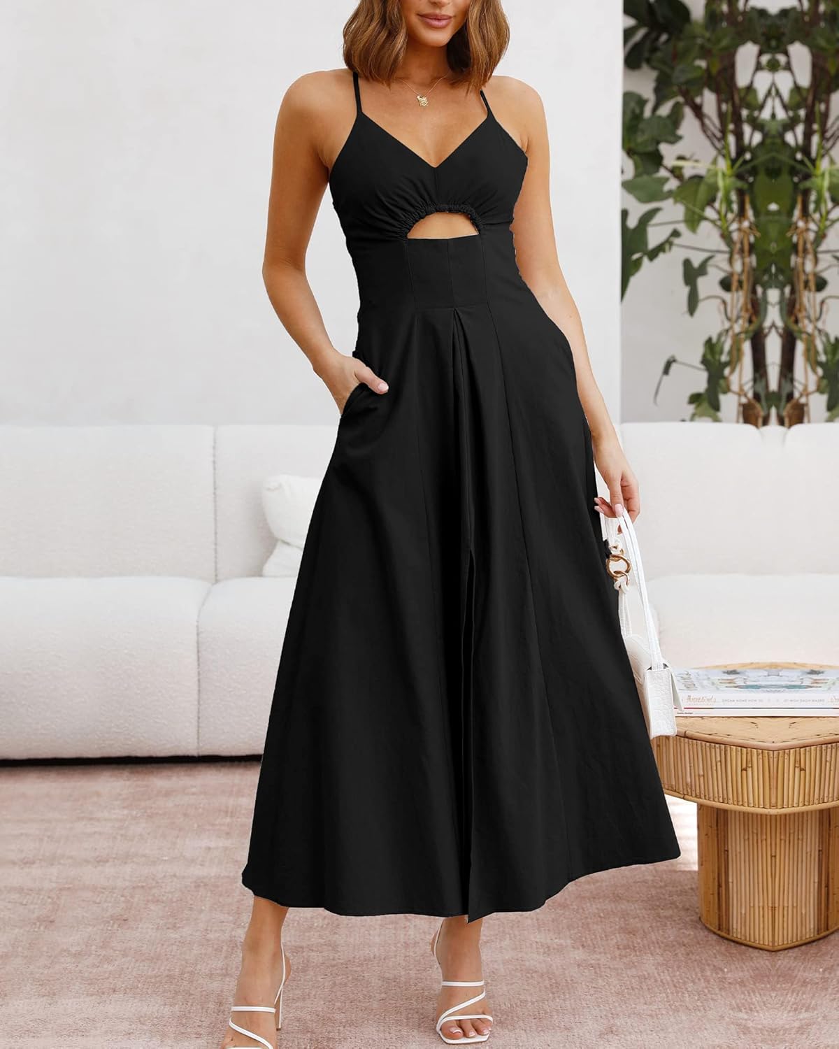 BTFBM Women 2026 Spaghetti Strap Midi Summer Dresses Sleeveless V Neck Cutout Sl...