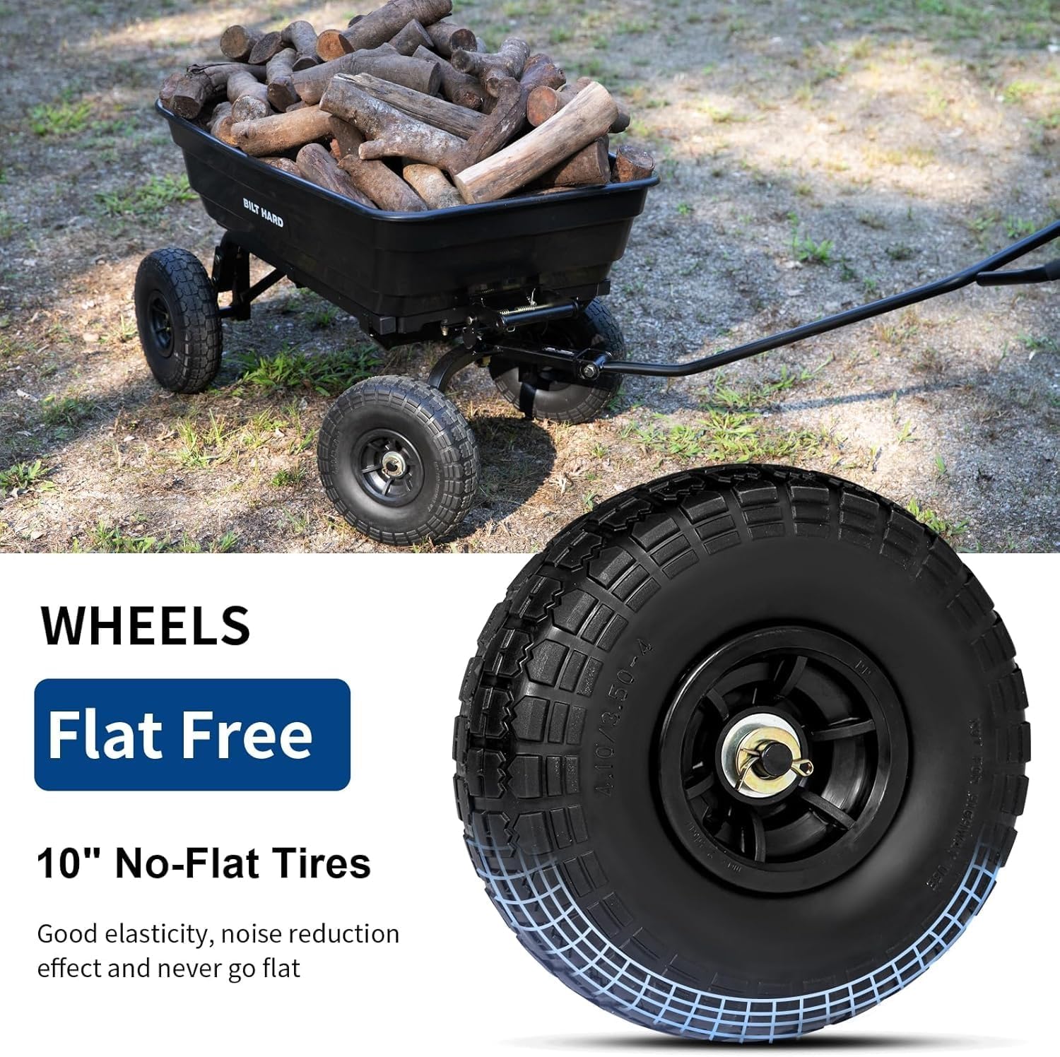 BILT HARD 4 Cu.Ft. 10" No-Flat Tires Poly Yard Dump Cart with 180° Rotating Hand...