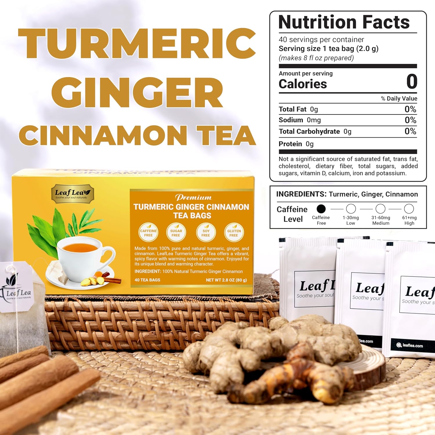 LeafLea 40 Turmeric Ginger Cinnamon Tea Bags, 100% Natural Ingredients Herbal Te...